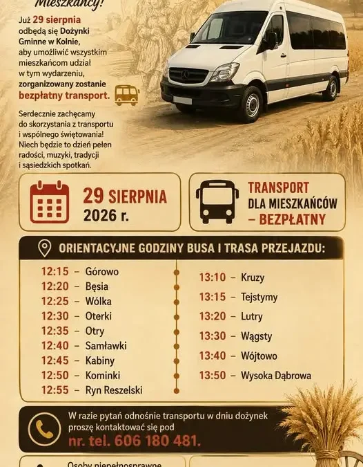 Bezpłatny transport na Dożynki Gminne w Kolnie – sprawdź rozkład jazdy