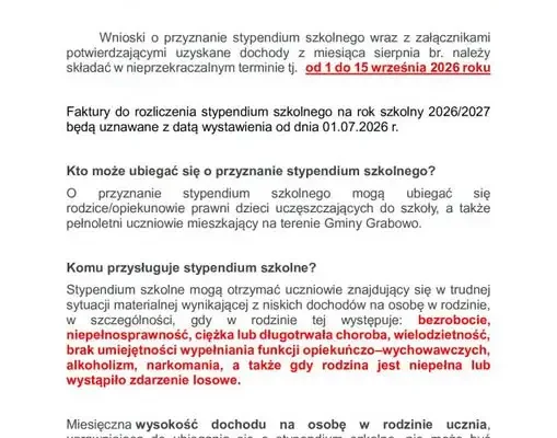 Trwa nabór wniosków o stypendium szkolne w Gminie Grabowo