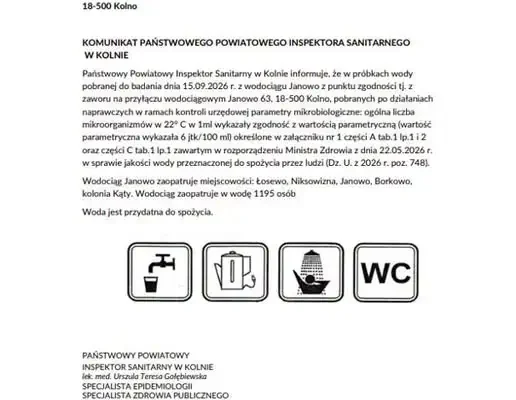 Woda z wodociągu Janowo w gminie Kolno znów przydatna do spożycia