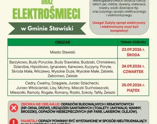Gmina Stawiski: harmonogram zbiórki odpadów wielkogabarytowych i elektrośmieci