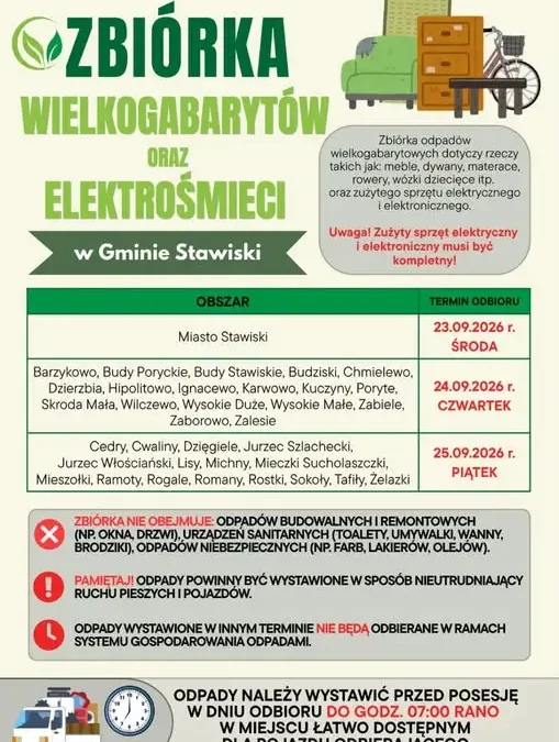 Gmina Stawiski: harmonogram zbiórki odpadów wielkogabarytowych i elektrośmieci