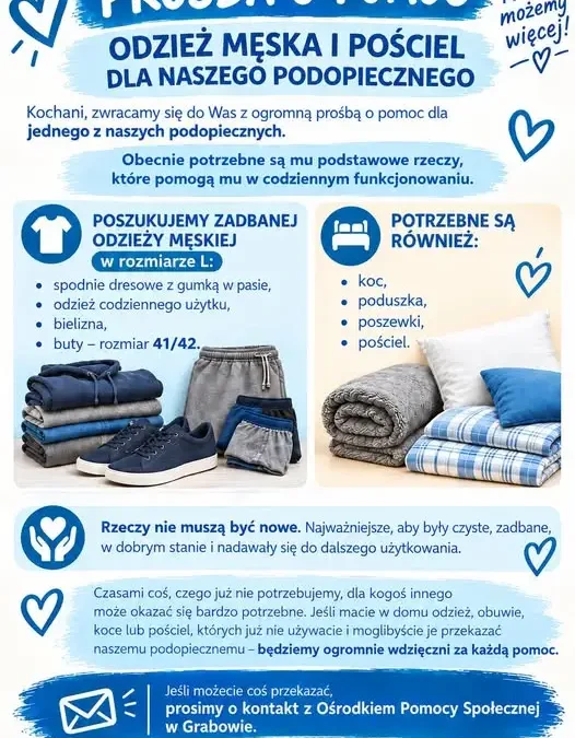 Apel o pomoc: zbiórka odzieży i pościeli dla podopiecznego z gminy Grabowo