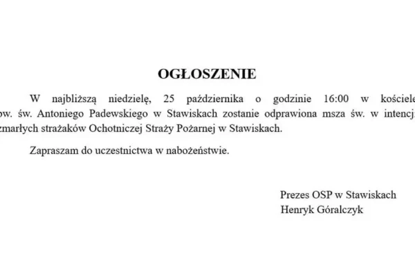 Msza św. w intencji zmarłych strażaków OSP Stawiska – 25 października